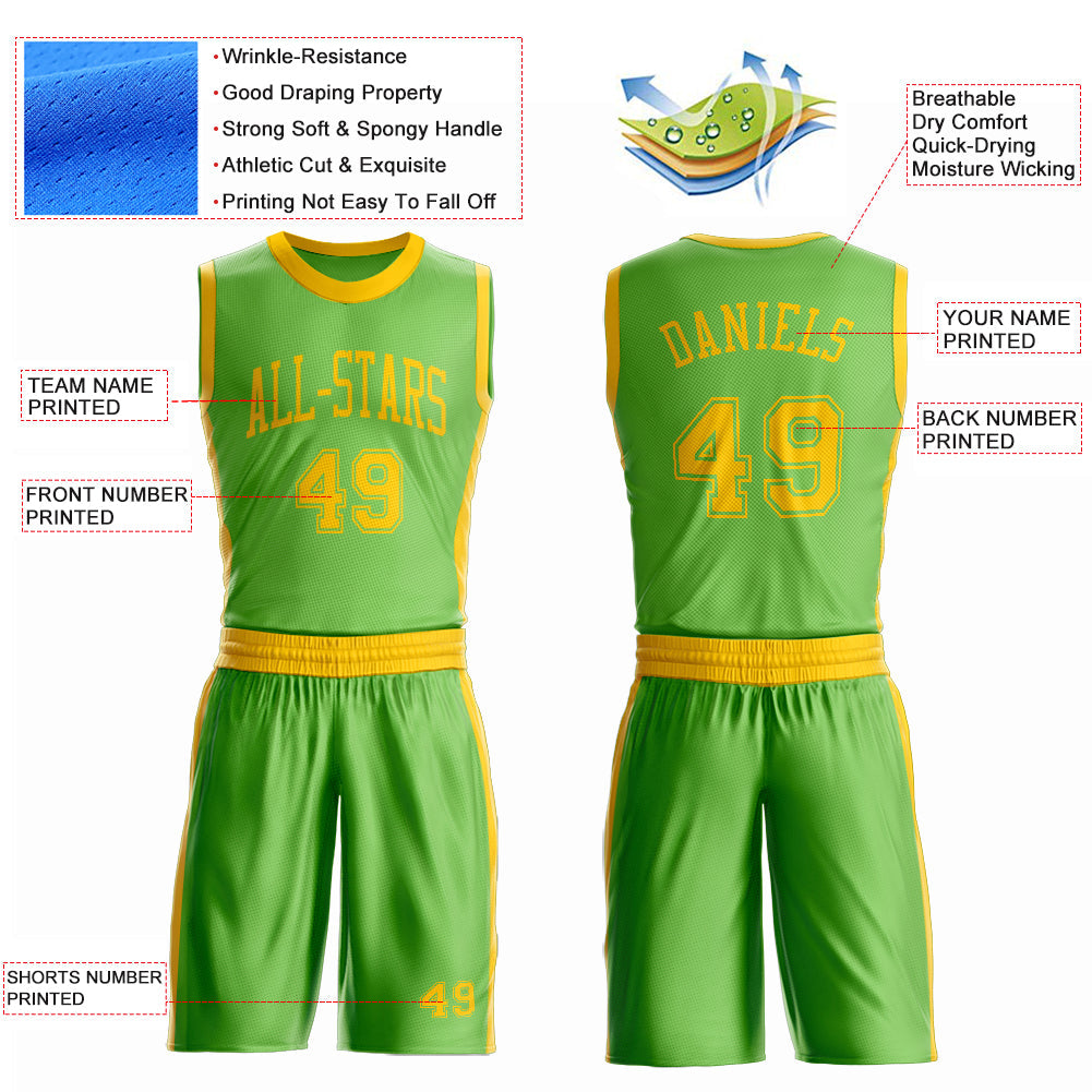 Custom Neon Green Gold Round Neck Basketball Uniform Jersey view 4