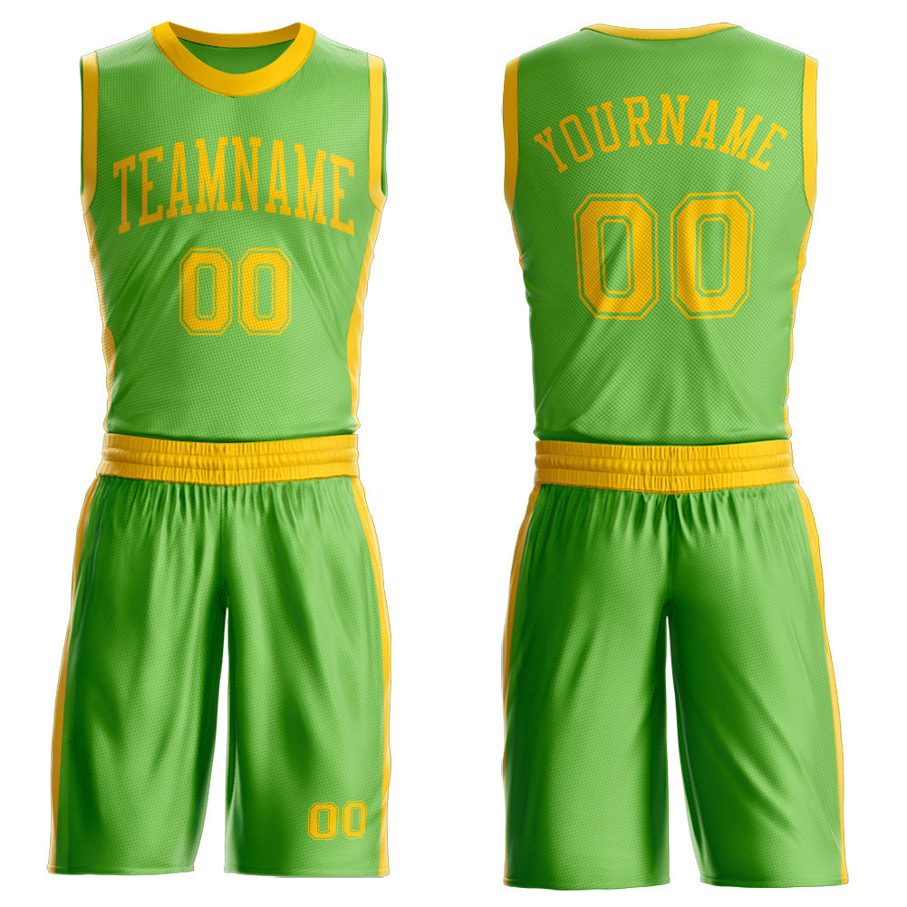 Custom Neon Green Gold Round Neck Basketball Uniform Jersey - Main View