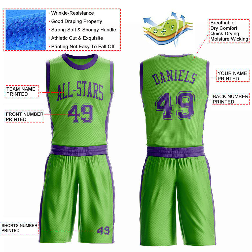Custom Neon Green Purple Round Neck Basketball Uniform Jersey view 4