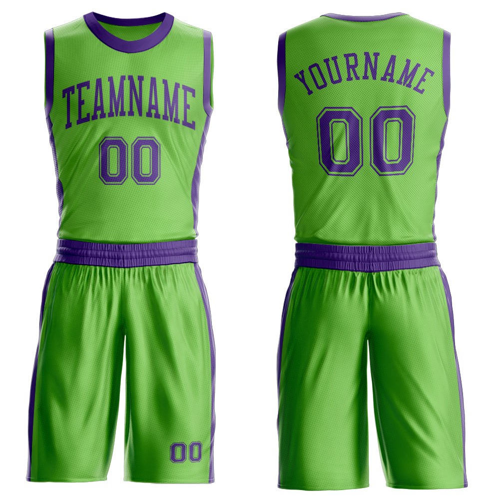 Custom Neon Green Purple Round Neck Basketball Uniform Jersey - Main View