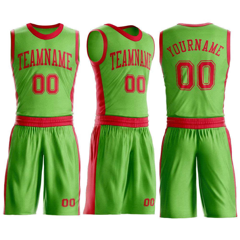 Custom Neon Green Red Round Neck Basketball Uniform Jersey view 3