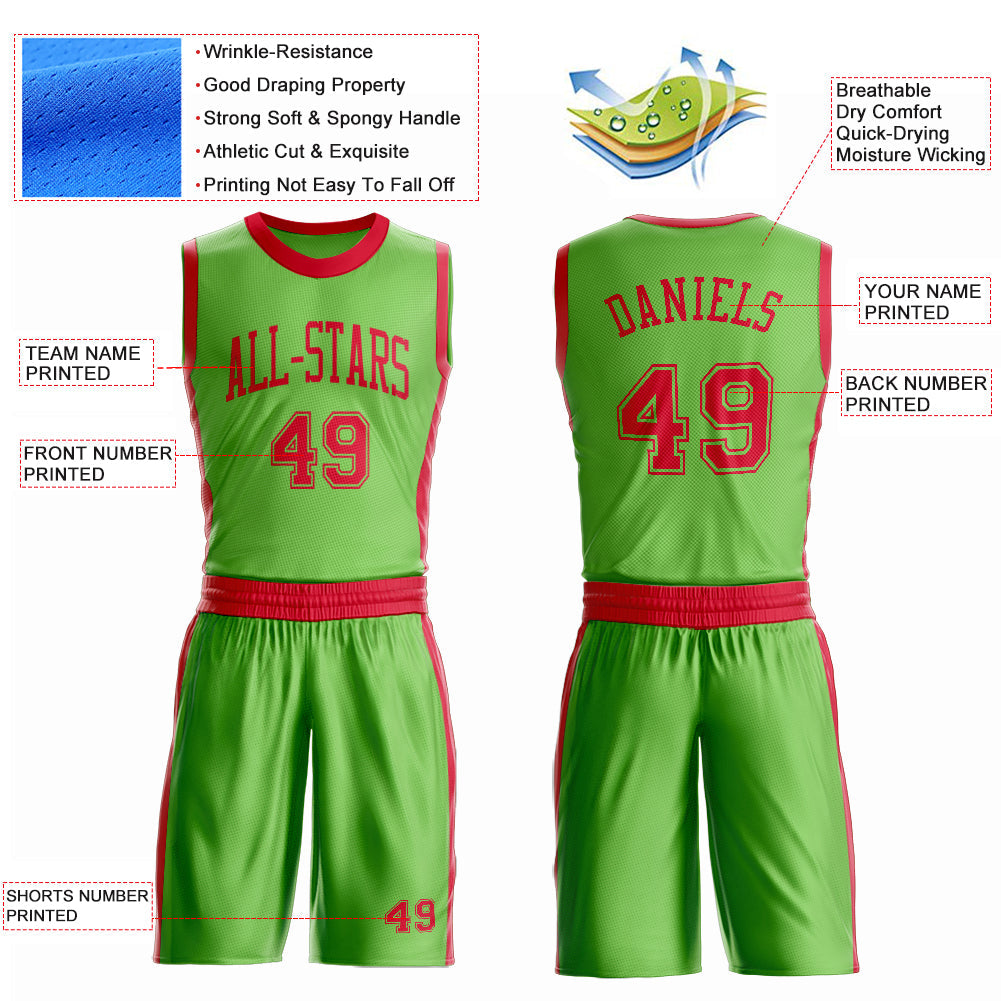 Custom Neon Green Red Round Neck Basketball Uniform Jersey view 4