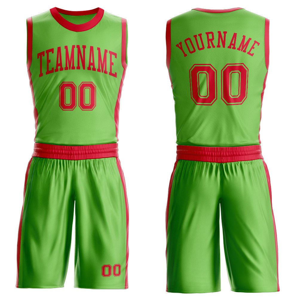 Custom Neon Green Red Round Neck Basketball Uniform Jersey - Main View