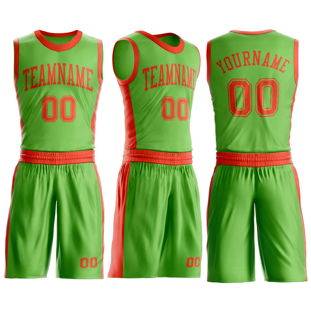 Custom Neon Green Orange Round Neck Basketball Uniform Jersey view 3