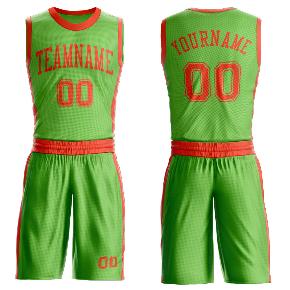 Custom Neon Green Orange Round Neck Basketball Uniform Jersey - Main View