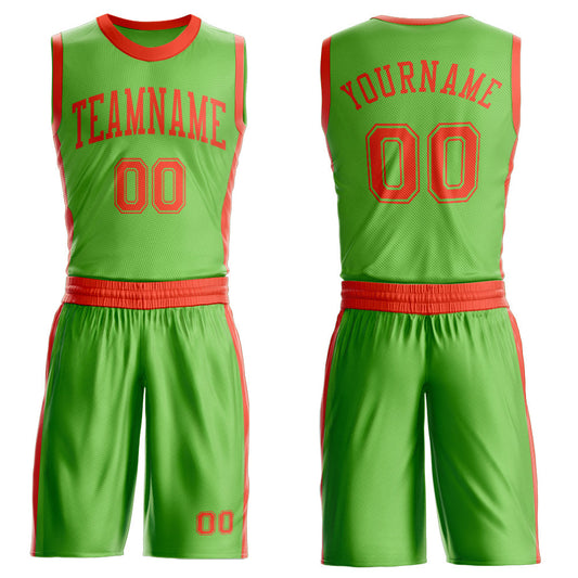 Custom Neon Green Orange Round Neck Basketball Uniform Jersey - Main View