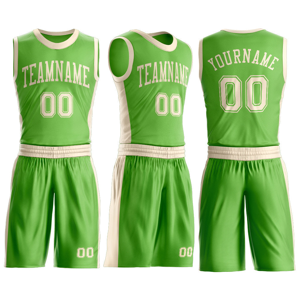 Custom Neon Green Cream Round Neck Basketball Uniform Jersey view 3