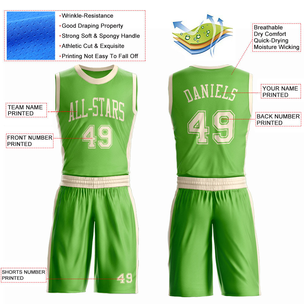 Custom Neon Green Cream Round Neck Basketball Uniform Jersey view 4