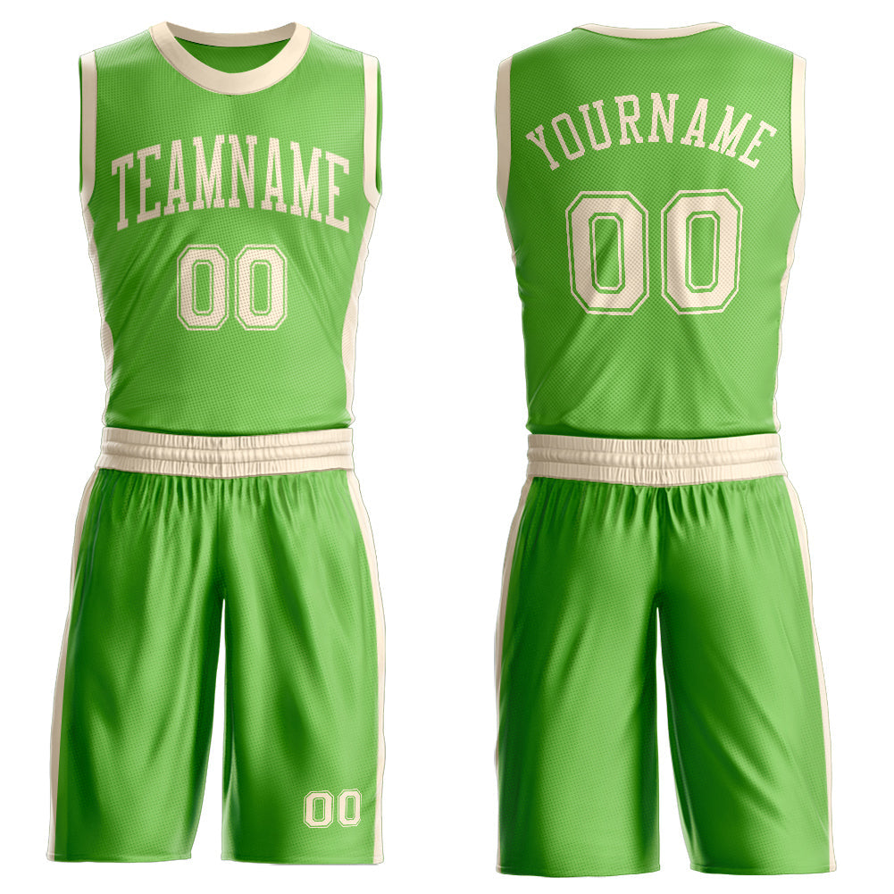 Custom Neon Green Cream Round Neck Basketball Uniform Jersey - Main View