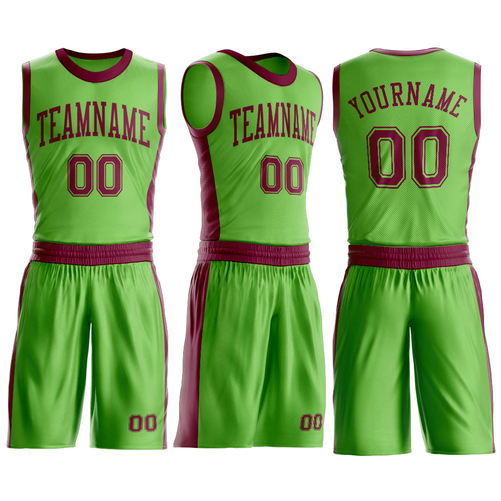 Custom Neon Green Maroon Round Neck Basketball Uniform Jersey view 3
