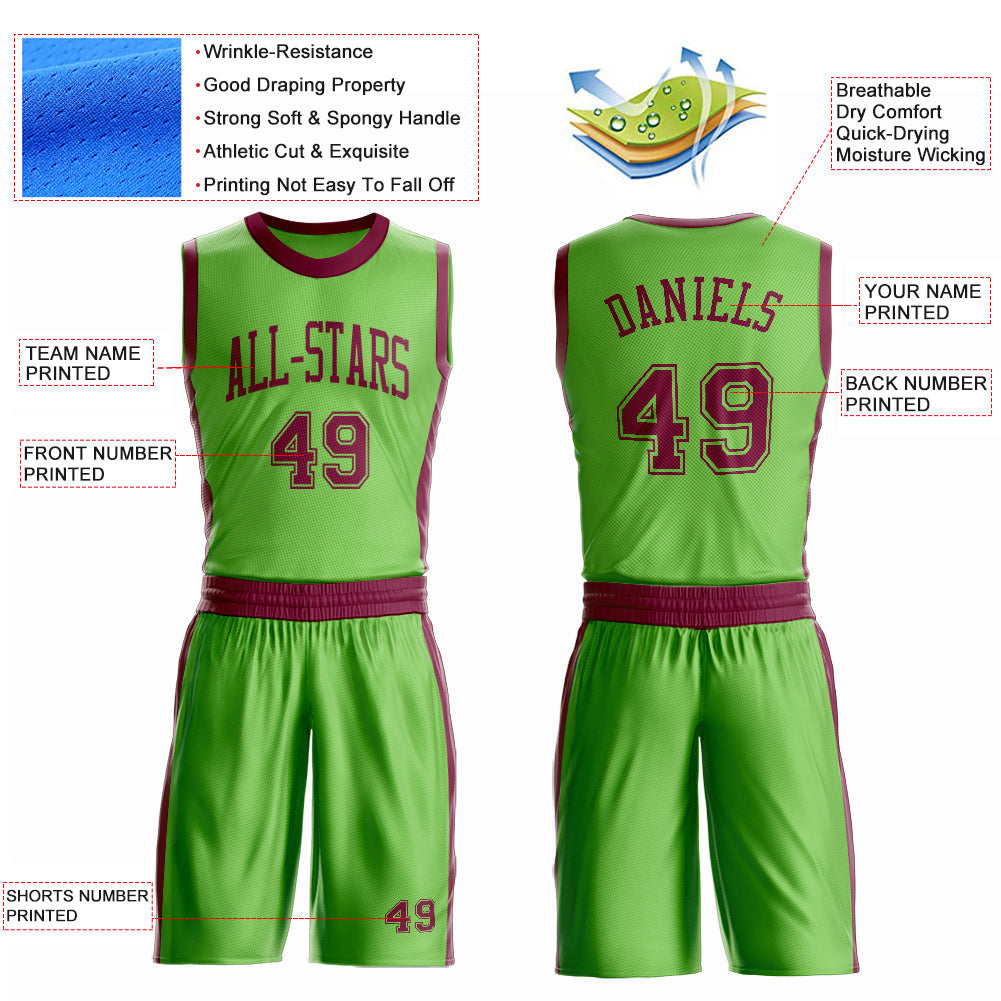 Custom Neon Green Maroon Round Neck Basketball Uniform Jersey view 4