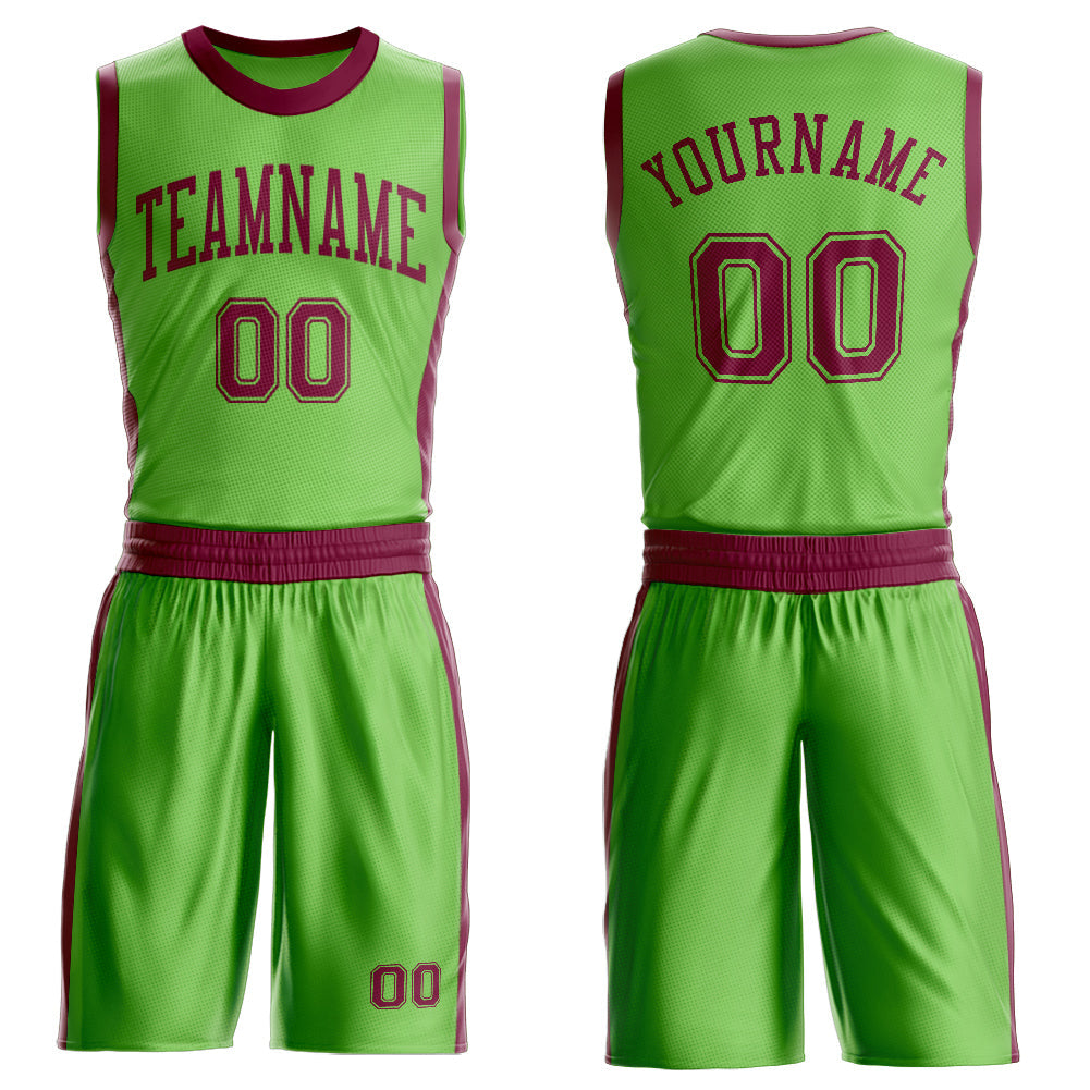 Custom Neon Green Maroon Round Neck Basketball Uniform Jersey - Main View
