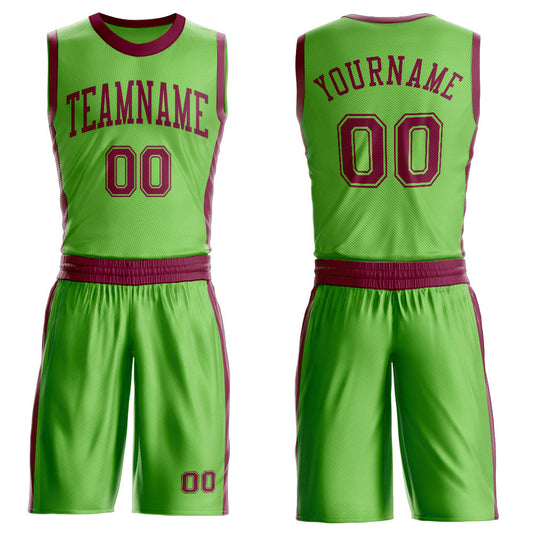 Custom Neon Green Maroon Round Neck Basketball Uniform Jersey - Main View