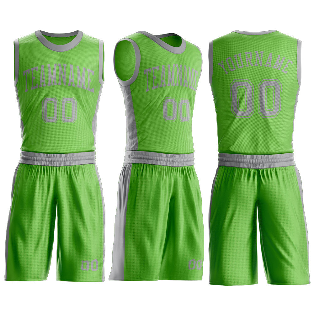 Custom Neon Green Gray Round Neck Basketball Uniform Jersey view 3