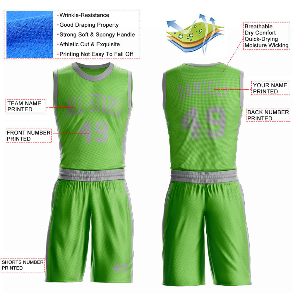 Custom Neon Green Gray Round Neck Basketball Uniform Jersey view 4