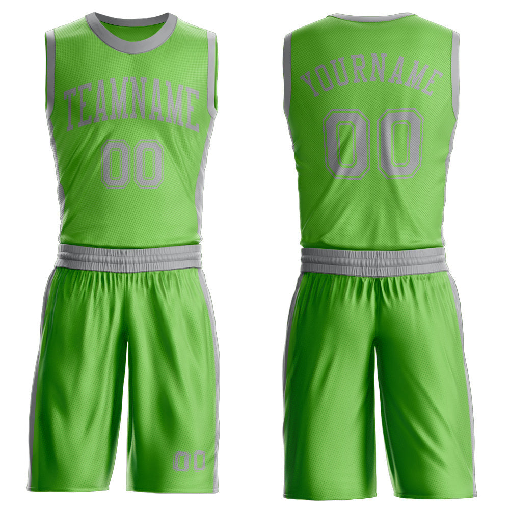 Custom Neon Green Gray Round Neck Basketball Uniform Jersey - Main View