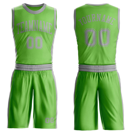 Custom Neon Green Gray Round Neck Basketball Uniform Jersey - Main View