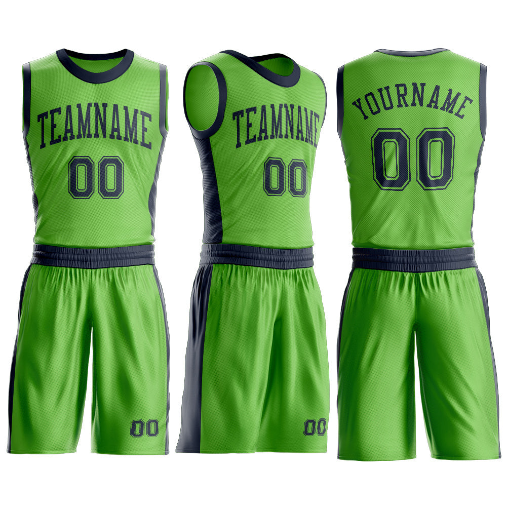Custom Neon Green Navy Round Neck Basketball Uniform Jersey view 3