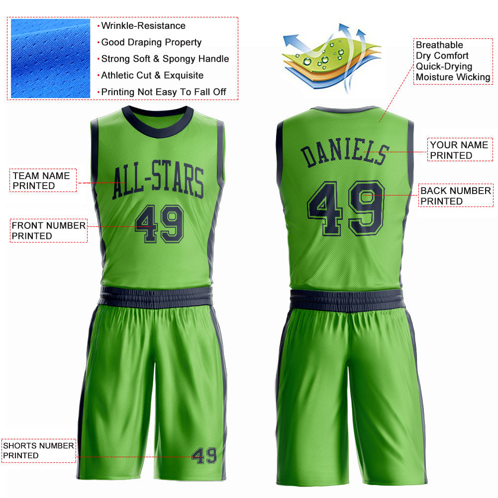 Custom Neon Green Navy Round Neck Basketball Uniform Jersey view 4