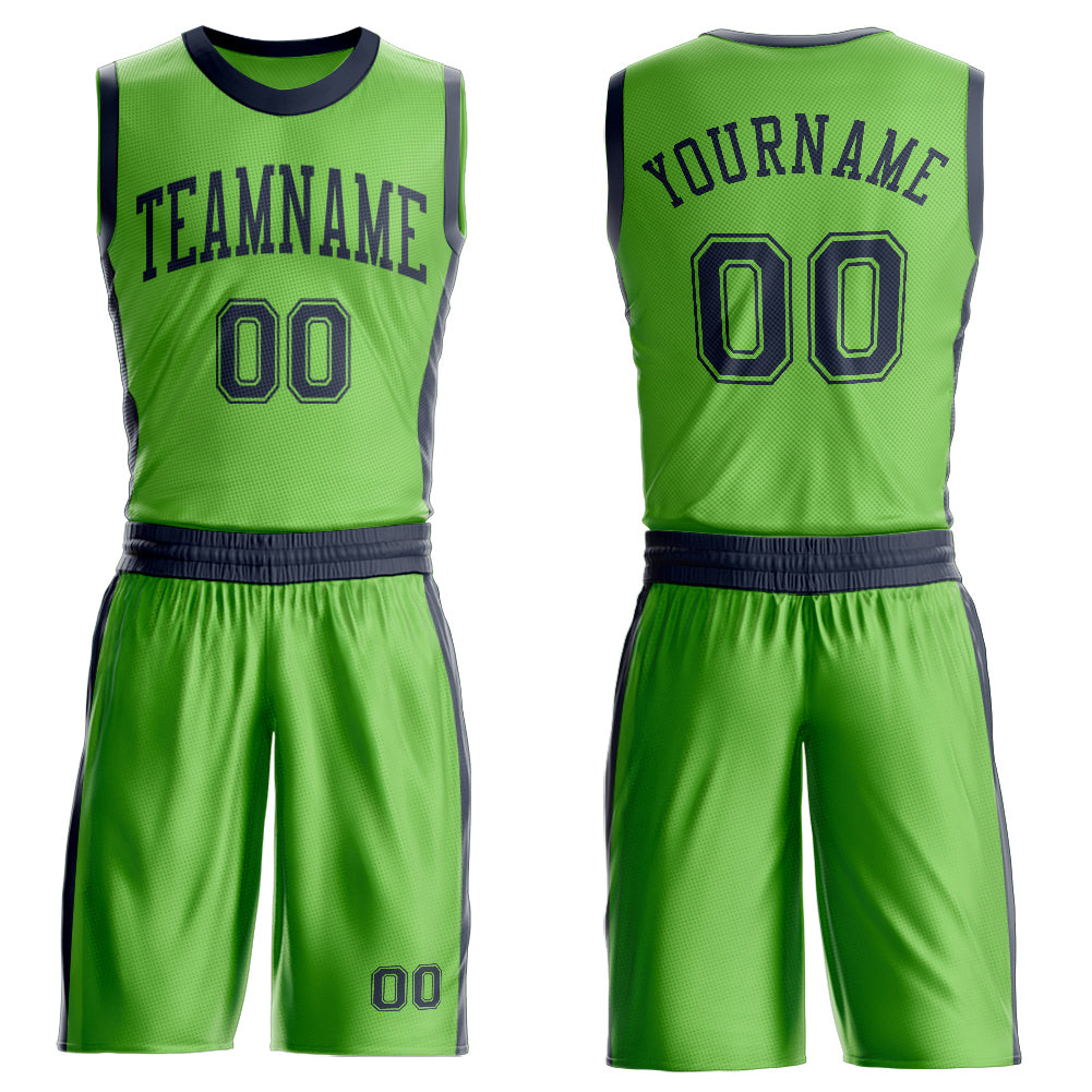 Custom Neon Green Navy Round Neck Basketball Uniform Jersey - Main View