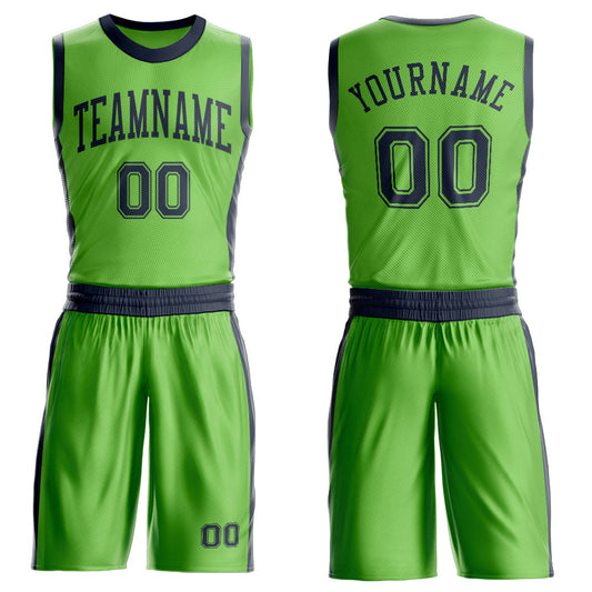 Custom Neon Green Navy Round Neck Basketball Uniform Jersey - Main View