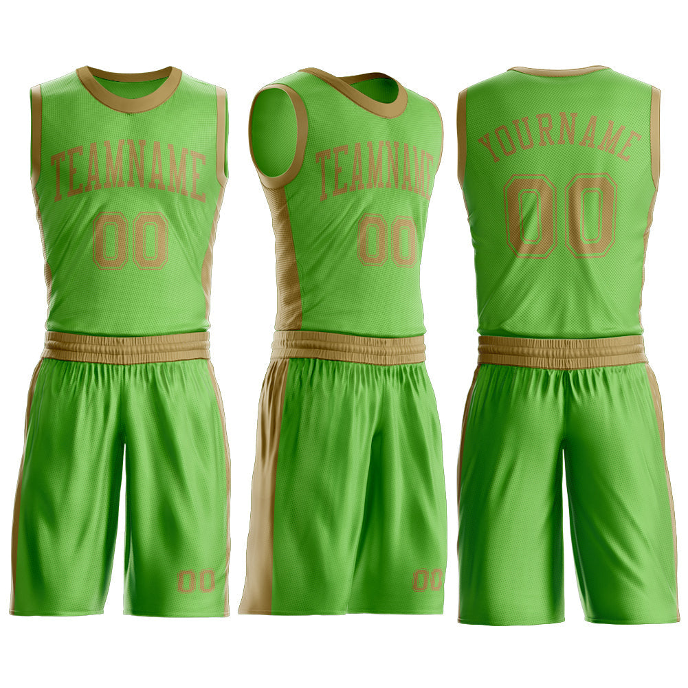 Custom Neon Green Old Gold Round Neck Basketball Uniform Jersey view 3