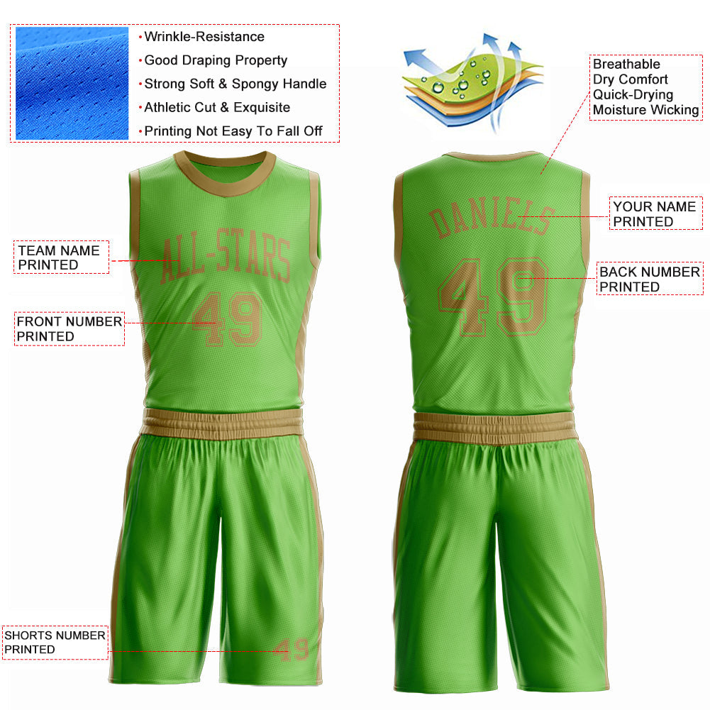 Custom Neon Green Old Gold Round Neck Basketball Uniform Jersey view 4