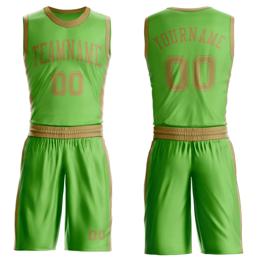 Custom Neon Green Old Gold Round Neck Basketball Uniform Jersey - Main View