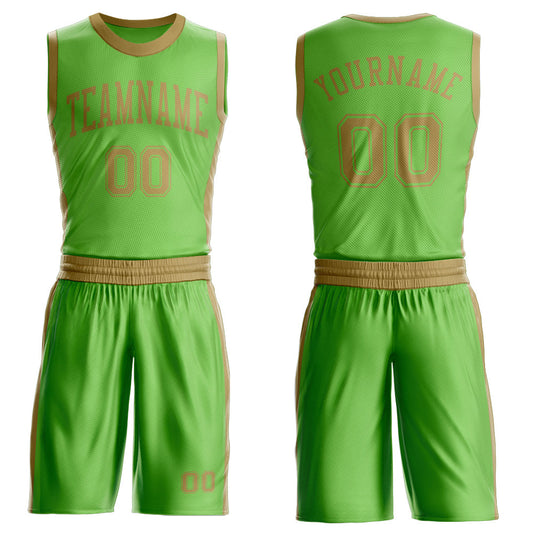 Custom Neon Green Old Gold Round Neck Basketball Uniform Jersey - Main View