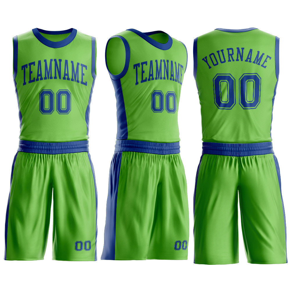 Custom Neon Green Royal Round Neck Basketball Uniform Jersey view 3