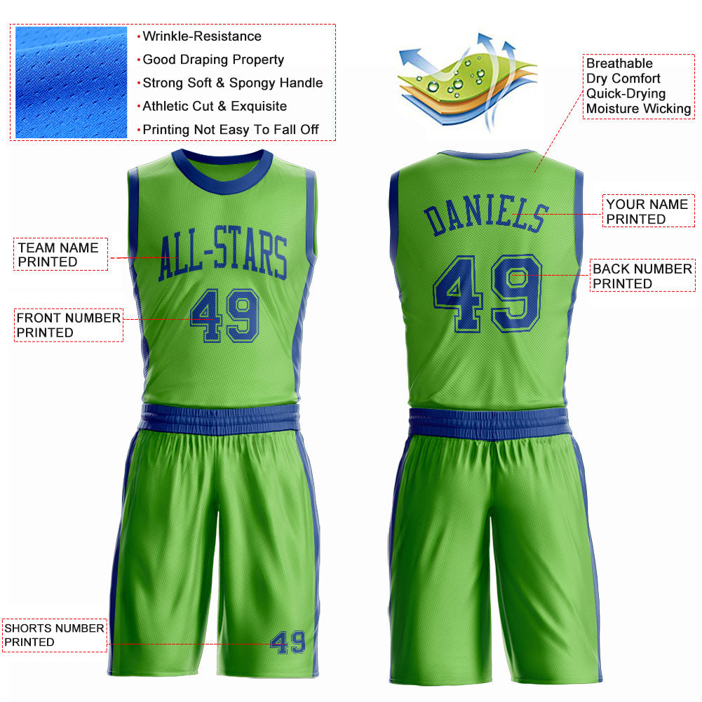 Custom Neon Green Royal Round Neck Basketball Uniform Jersey view 4