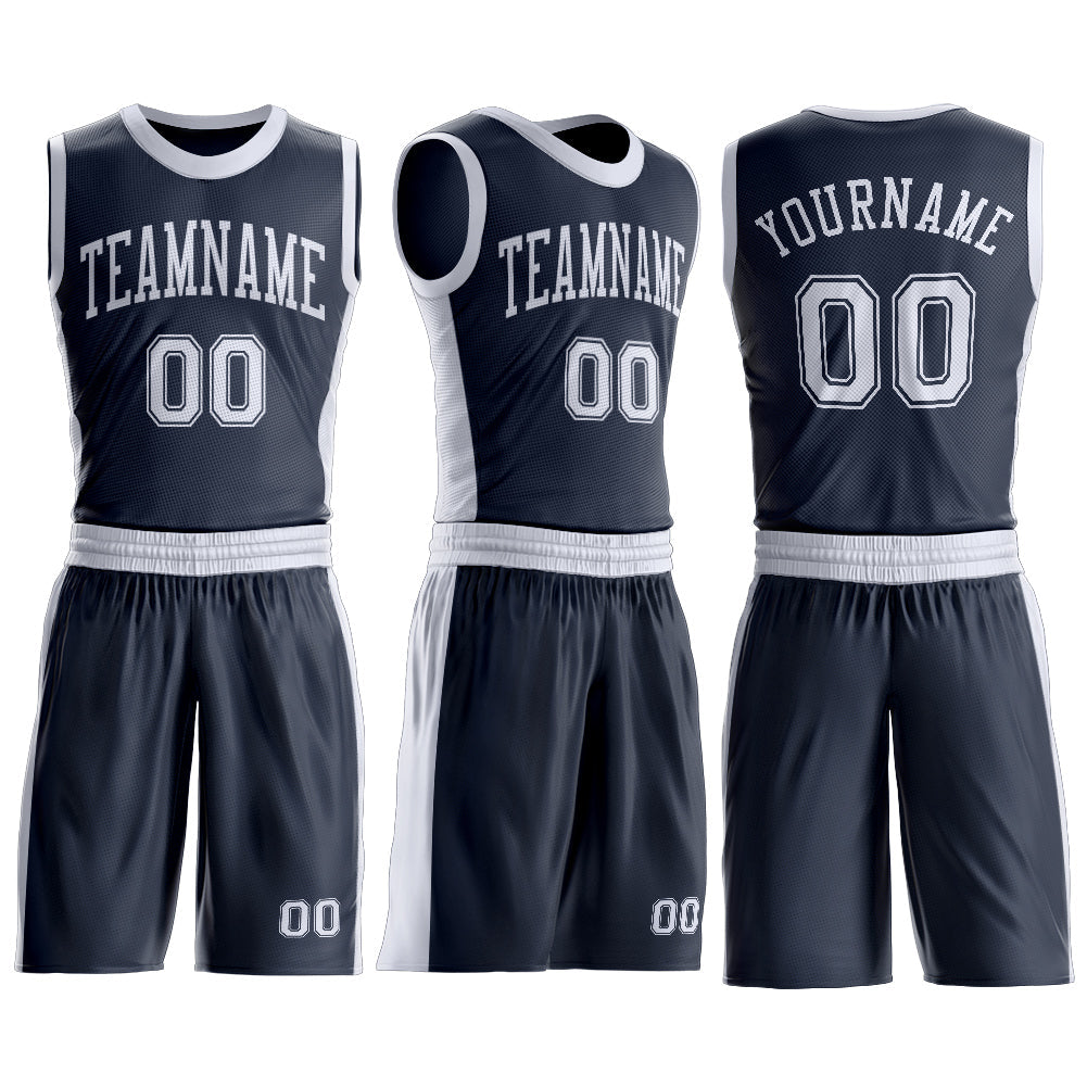 Custom Navy White Round Neck Basketball Uniform Jersey view 3