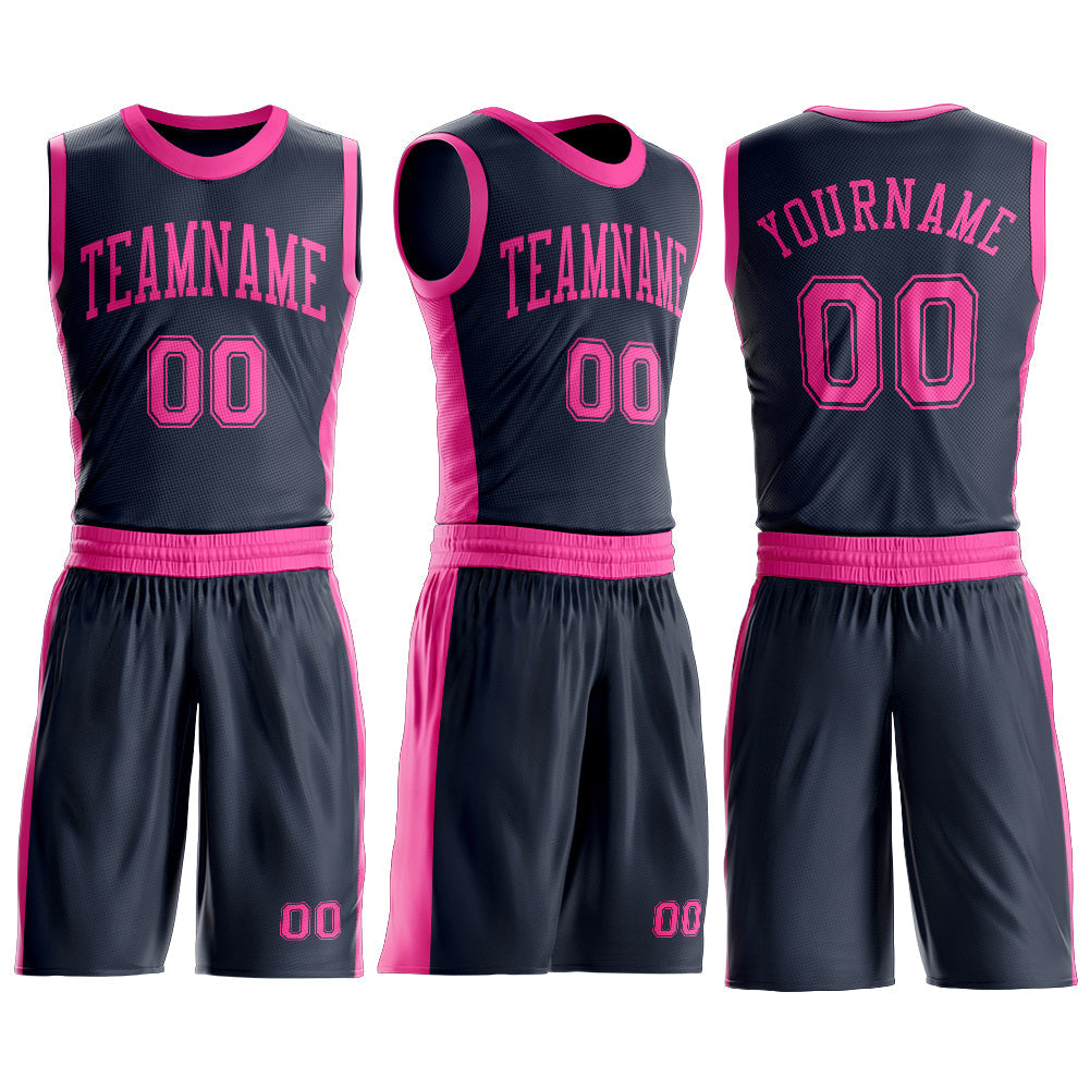 Custom Navy Pink Round Neck Basketball Uniform Jersey view 3