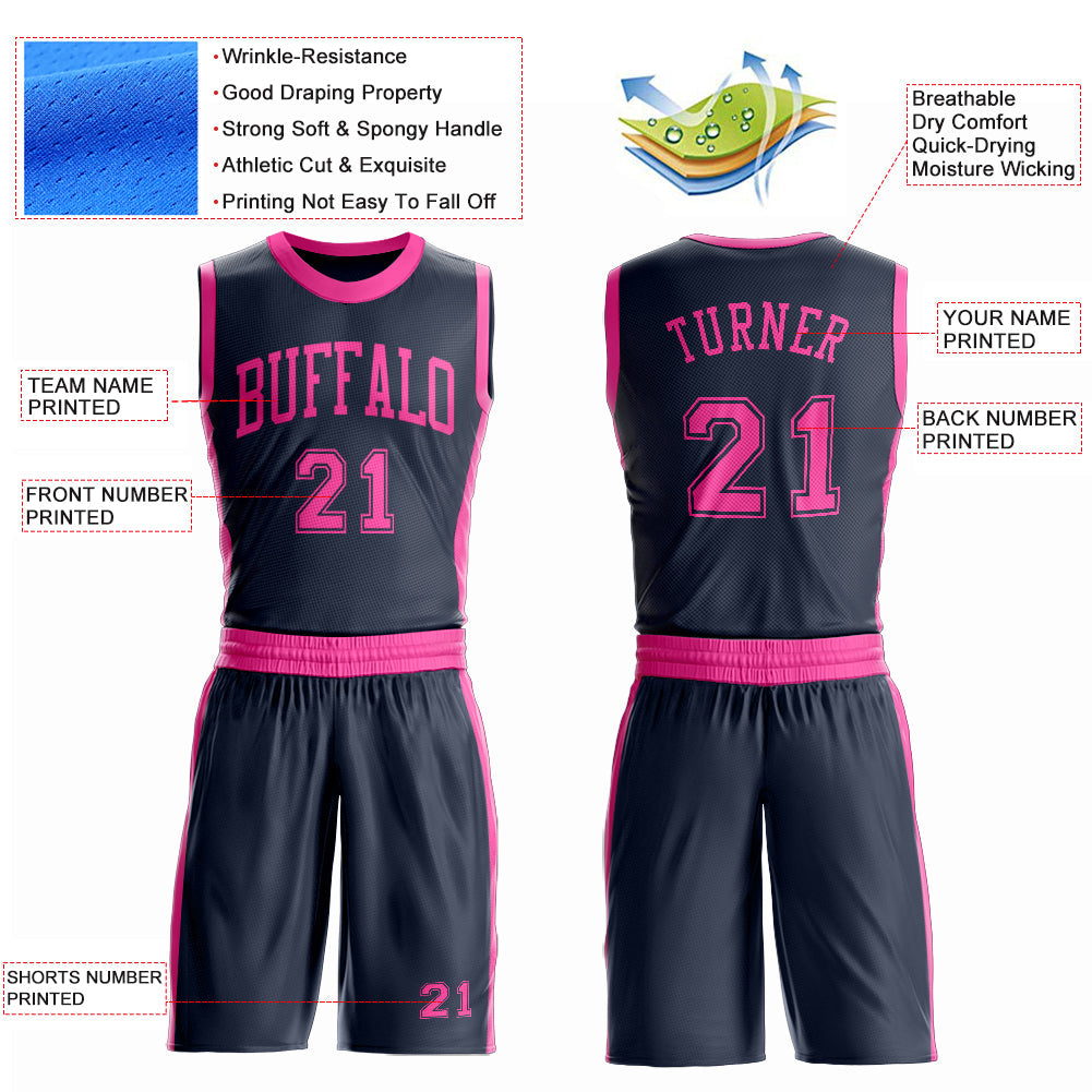 Custom Navy Pink Round Neck Basketball Uniform Jersey view 4