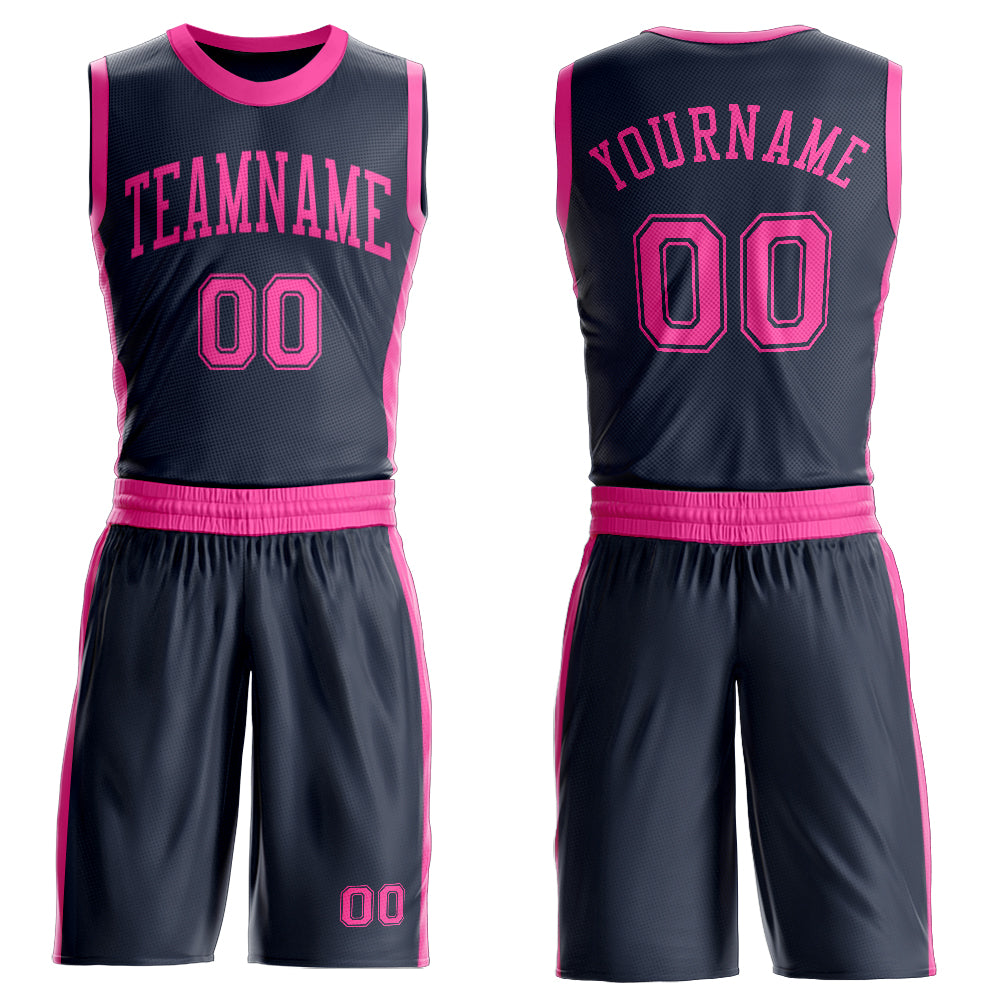 Custom Navy Pink Round Neck Basketball Uniform Jersey - Main View