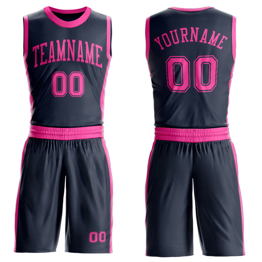 Custom Navy Pink Round Neck Basketball Uniform Jersey - Main View