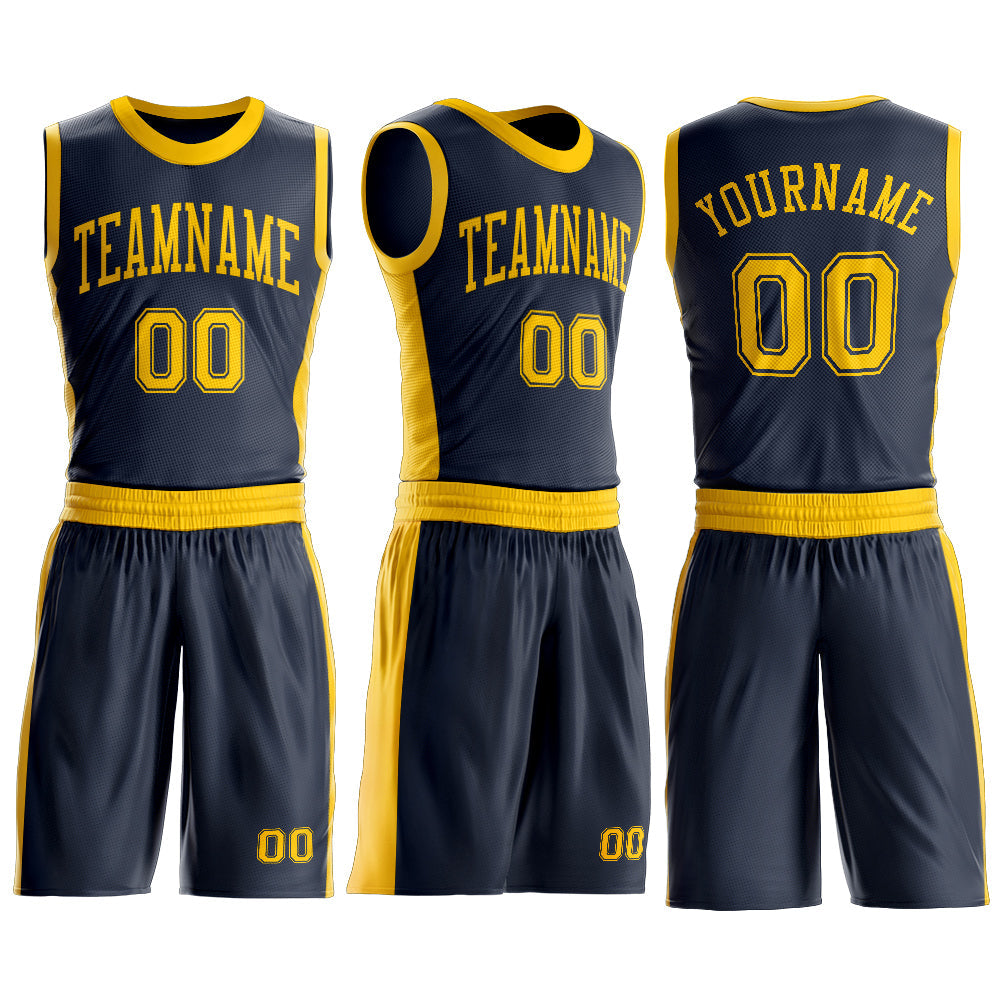 Custom Navy Gold Round Neck Basketball Uniform Jersey view 3