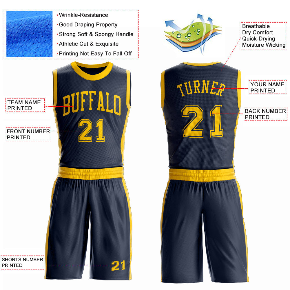 Custom Navy Gold Round Neck Basketball Uniform Jersey view 4