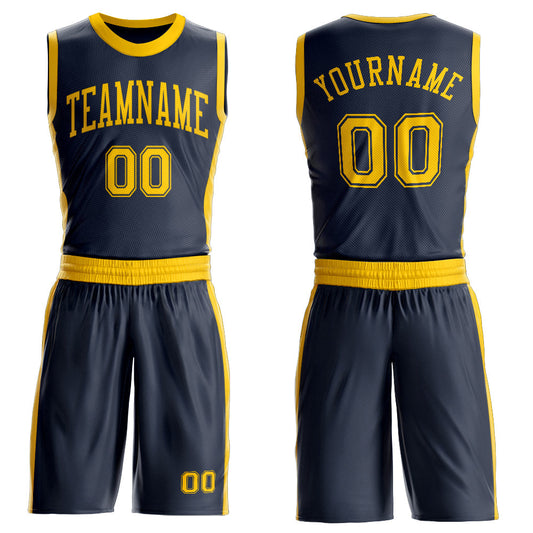 Custom Navy Gold Round Neck Basketball Uniform Jersey - Main View