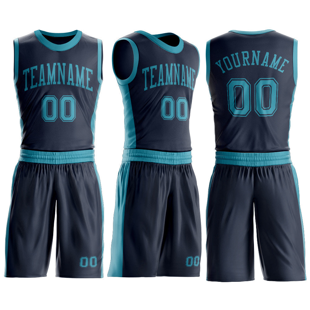 Custom Navy Teal Round Neck Basketball Uniform Jersey view 3