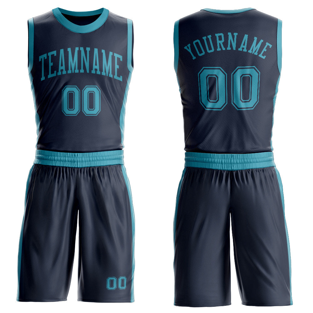 Custom Navy Teal Round Neck Basketball Uniform Jersey - Main View