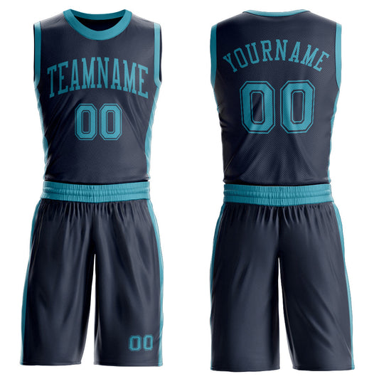 Custom Navy Teal Round Neck Basketball Uniform Jersey - Main View