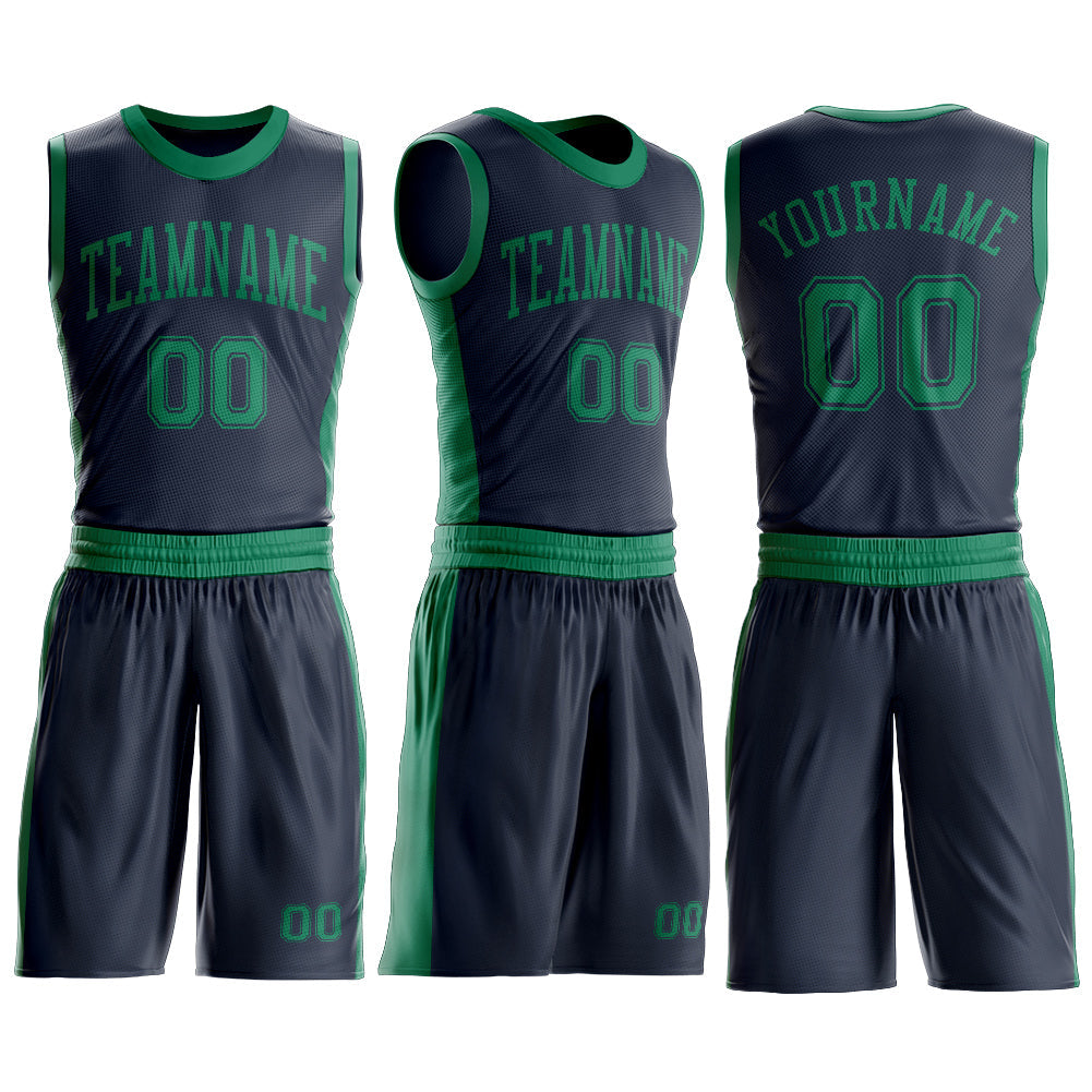 Custom Navy Kelly Green Round Neck Basketball Uniform Jersey view 3