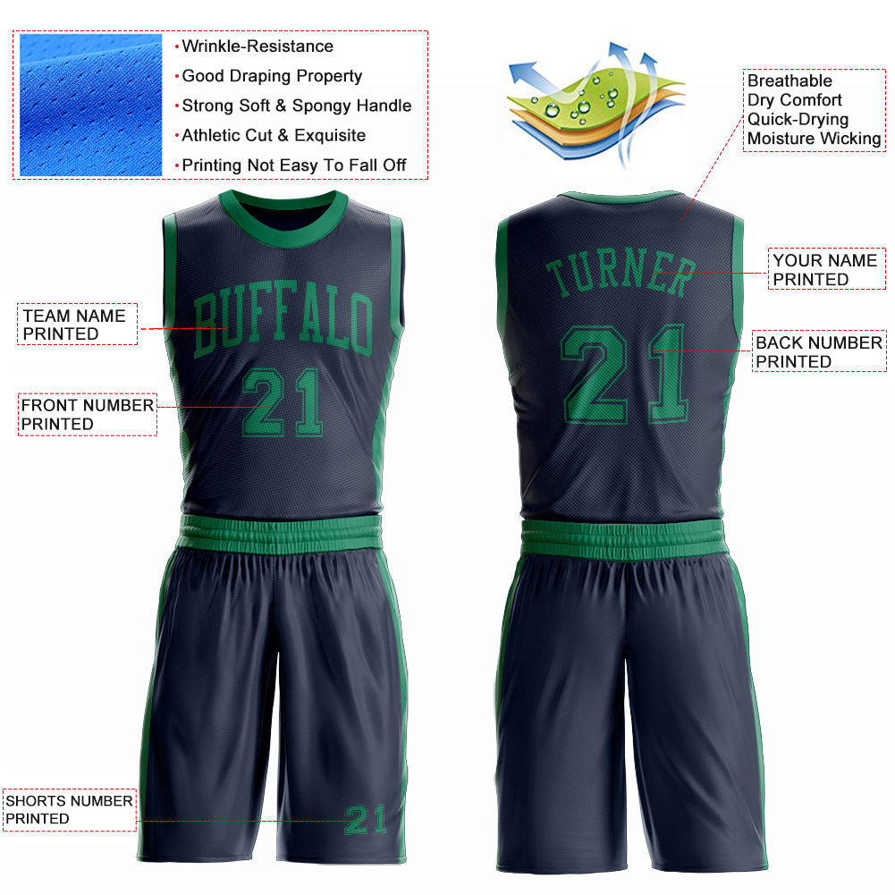 Custom Navy Kelly Green Round Neck Basketball Uniform Jersey view 4