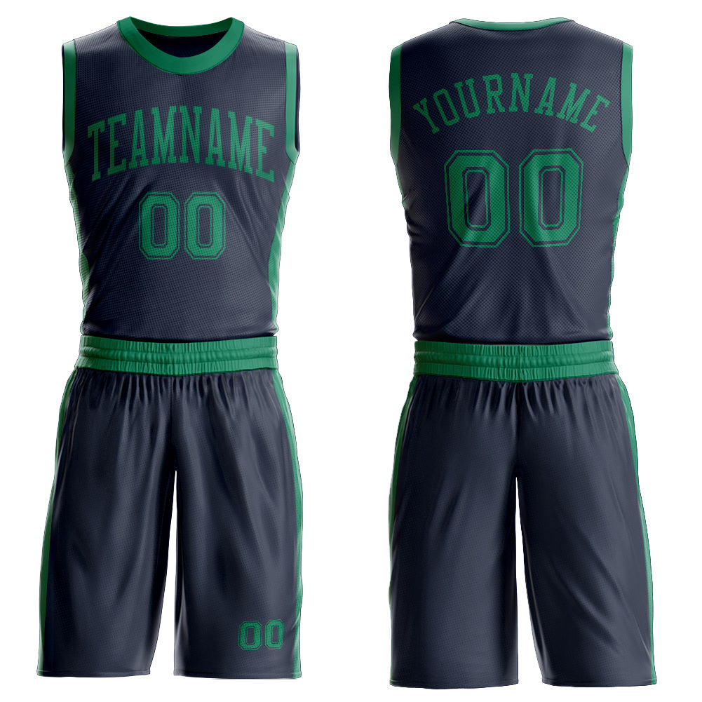 Custom Navy Kelly Green Round Neck Basketball Uniform Jersey - Main View