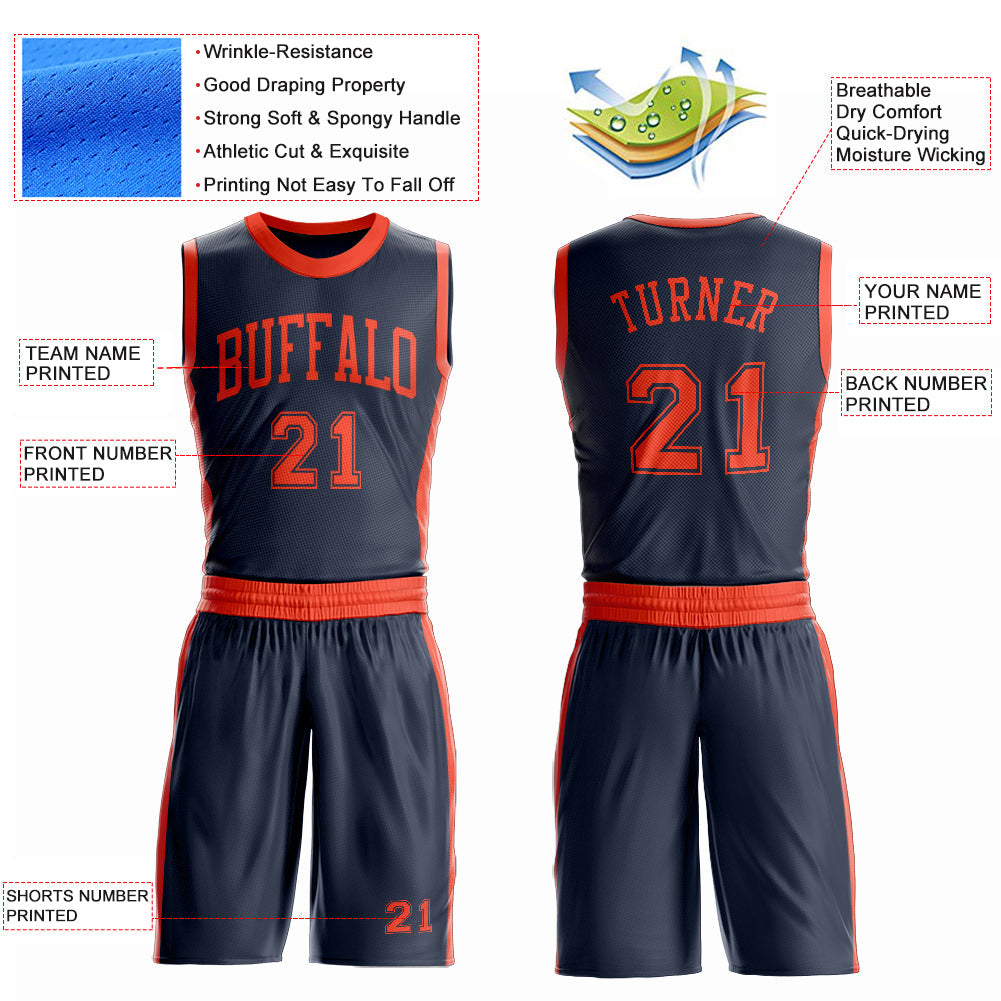Custom Navy Orange Round Neck Basketball Uniform Jersey view 4