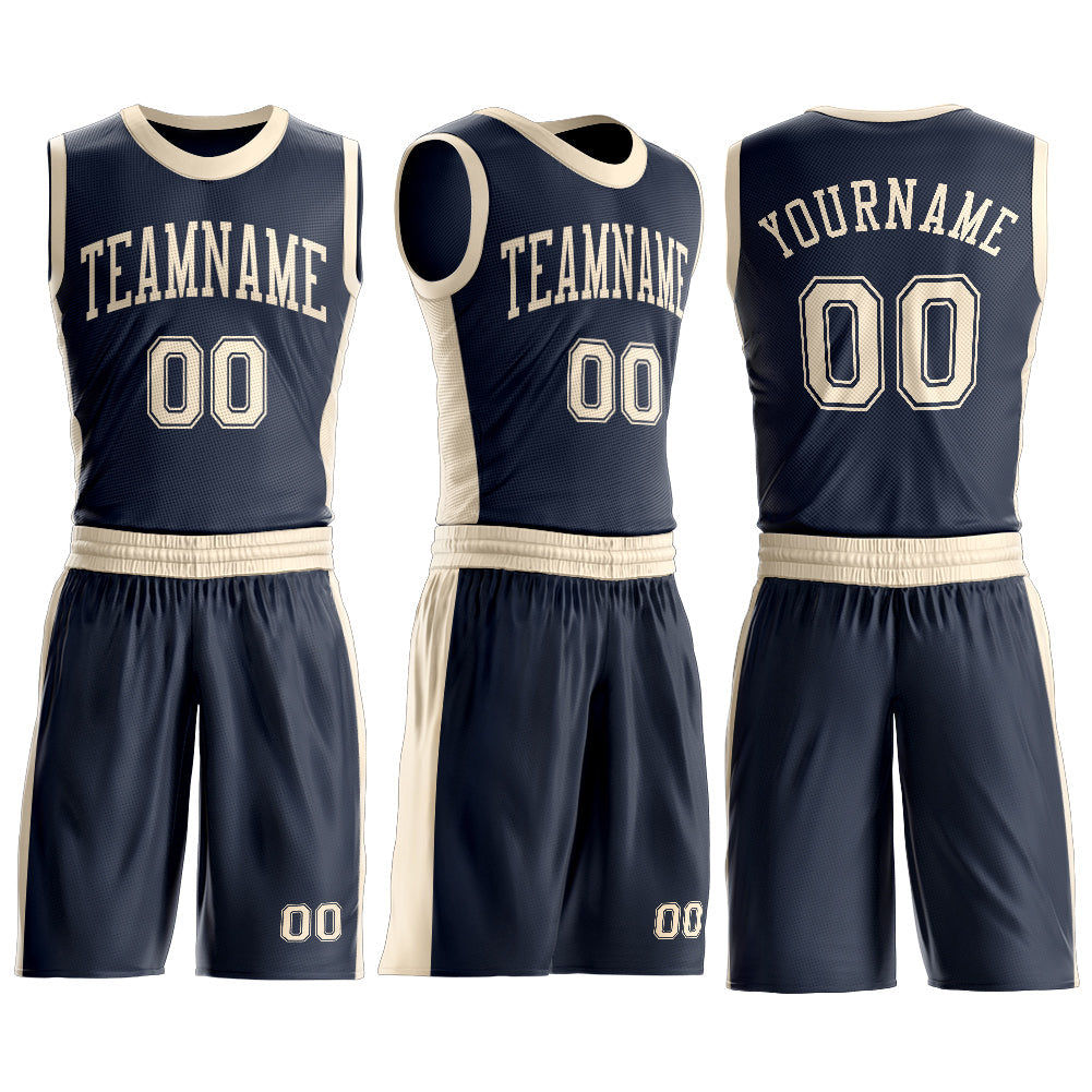 Custom Navy Cream Round Neck Basketball Uniform Jersey view 3
