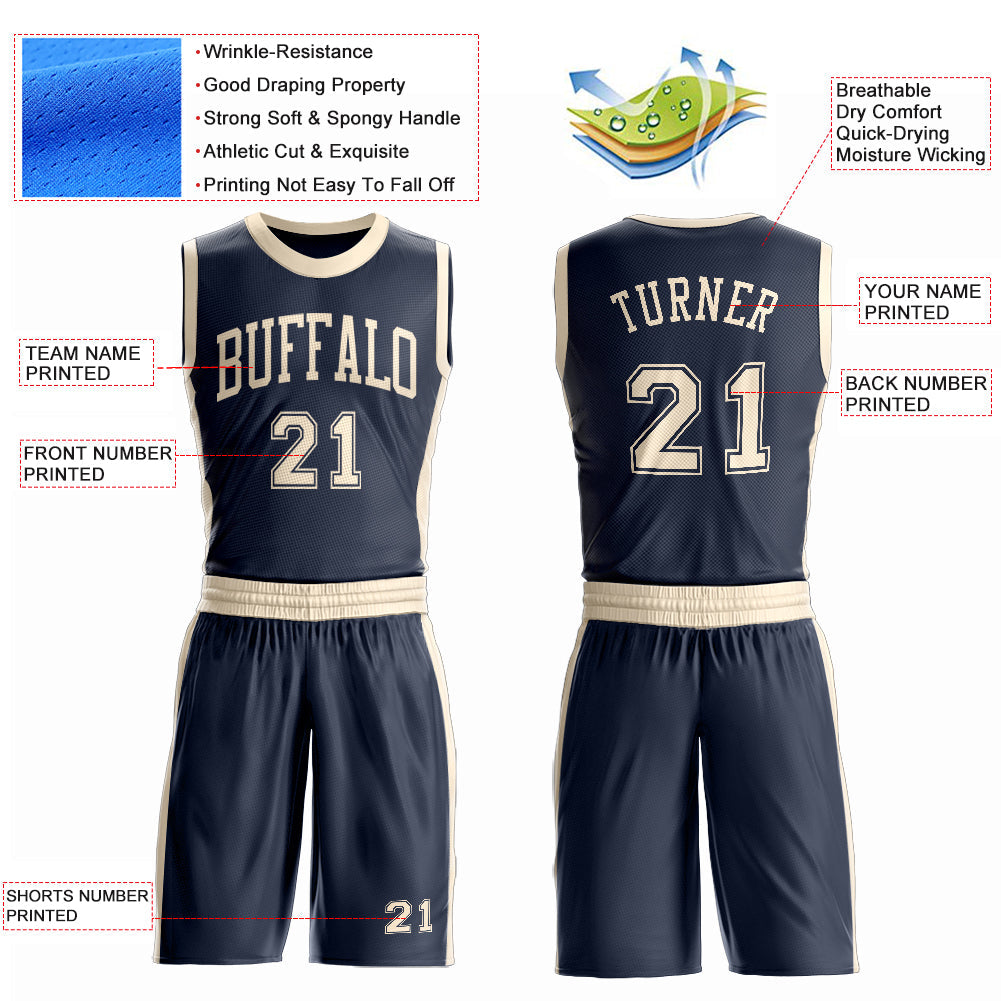 Custom Navy Cream Round Neck Basketball Uniform Jersey view 4