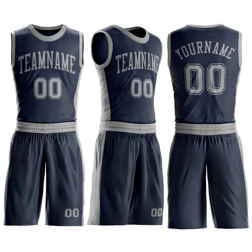 Custom Navy Gray Round Neck Basketball Uniform Jersey view 3