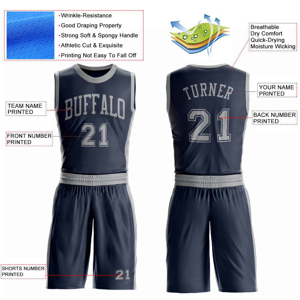 Custom Navy Gray Round Neck Basketball Uniform Jersey view 4